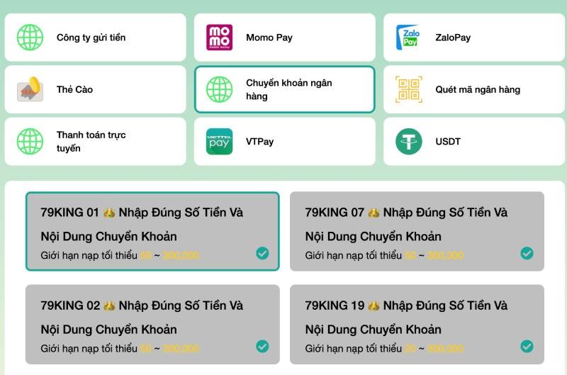 Các phương thức nạp tiền tại thương hiệu 79KING